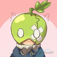 an anime character with a green apple on top of it's head and eyes