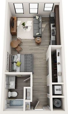 an overhead view of a living room and bedroom in a one bedroom apartment at the grove apartments