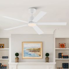 a white ceiling fan mounted above a fireplace