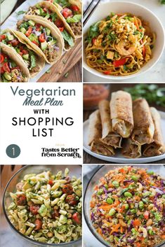 the vegetarian meal plan with shopping list is shown in four different pictures, including salads and