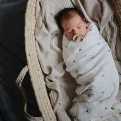 a baby wrapped in a blanket with a pacifier on it's nose sleeping