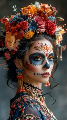 Nem Halloween Makeup, Geek Outfit, Catrina Costume, Halloween Makeup Sugar Skull, Creative Halloween Makeup, Skull Face Paint, Sugar Skull Costume, Fashion Costume Halloween, Dead Makeup