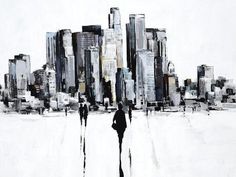 two people walking in front of a cityscape with skyscrapers painted on it