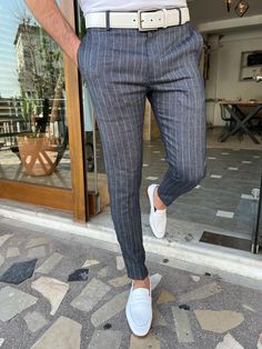 GentWith Tampa Slim Fit Pinstripe Linen Pants - Dark Blue Tuxedo Wedding Suit, Best Wedding Suits, Slim Fit Pants Men, Dark Blue Pants, Dark Blue Shirt, Mens Linen Pants, Plaid Dress Pants, Pinstriping Designs, White Dress Shoes