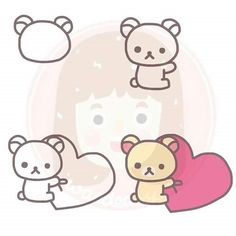 some cute little bears with hearts in front of the face and one bear holding a heart