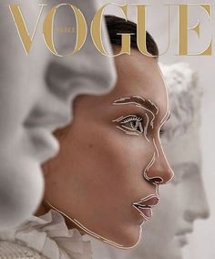 the front cover of a magazine with three faces on each side and one face painted gold