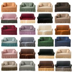 many different colored couches with pleated covers