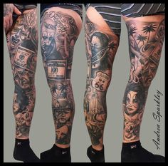 the legs are covered with tattoos and designs on them, including an image of a man's leg