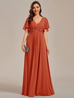 Ruffles Sleeve A-Line Chiffon Waist Applique Maxi Evening Dress #color_Burnt Orange Orange Frock, Orange Long Dresses, Orange Evening Dresses, Fancy Clothing, Burnt Orange Bridesmaid Dresses, Ruffles Sleeves, Dress With Flutter Sleeves, Maxi Evening Dress, Orange Bridesmaid Dresses