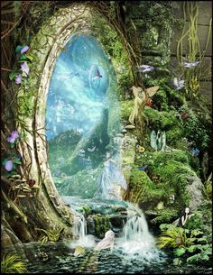 an image of a forest scene with a waterfall and fairy tale in the center, surrounded by butterflies