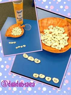 two pictures with letters and numbers in them on a table next to a cup of beer