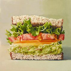 a painting of a sandwich with lettuce and tomatoes