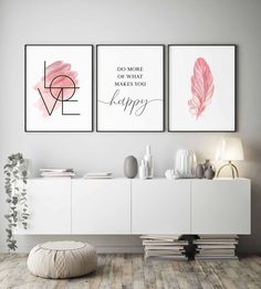 three framed art prints on the wall above a white dresser with a plant and vase