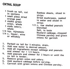 an old recipe for oxtail soup with instructions on how to make it in english and chinese