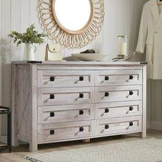 In a farmhouse vintage style, this OKD 8 drawer double dresser for bedroom is outlined with classical shape, which has a wide dresser top and a stable cabinet base. The horizontal dresser comes with 8 stacking large drawers to hold a variety of everyday items such as clothes, tablets, cell phones, etc. The 54-inch wide surface on the top of the white dresser displays your photo albums, flowers, decorations and more. Quality metal drawer pulls with smooth drawer slides make it easier to access yo Cart Nightstand, Horizontal Dresser, White Wash Dresser, Rustic Chest Of Drawers, Cabinet Base, Tall Chest Of Drawers, Solid Wood Dresser, 8 Drawer Dresser, Wide Dresser