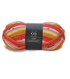 a ball of yarn with multicolored stripes on the top and bottom, in red, orange, yellow, pink, white