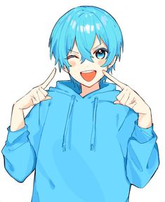 an anime character with blue hair pointing to the side