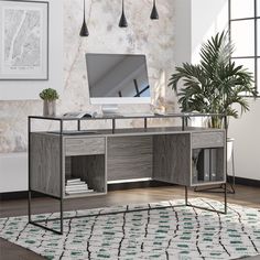 a desk with a computer on top of it in front of a rug and potted plant