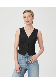 Find PAIGE Iris Vest on Editorialist. Made from a supremely soft cotton blend, this sleeveless black vest top is designed with front princess seams, covered buttons, welt pockets, and a front and back notch. Pair the Iris Vest with any shade of denim. Black Vest Top, Princess Seams, Black Vest, Princess Seam, Vest Top, Covered Buttons, Welt Pockets, Welt Pocket, Top Brands