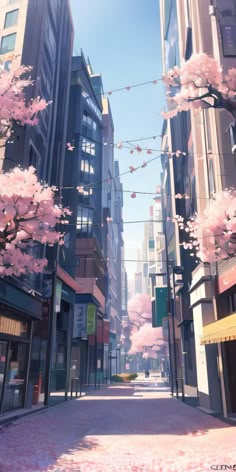 a city street with cherry blossom trees in the foreground and buildings on either side