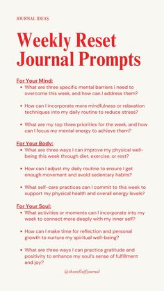 a red and white poster with the words, weekly rest journal propps for your mind