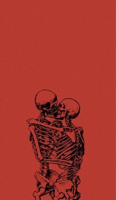 a skeleton sitting on top of a red background