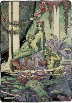 an image of mermaids in the water with flowers on their head and two other creatures around