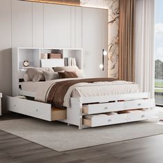 Queen Size Platform Bed With Storage Headboard And 8 Drawers Storage Bed Frame Queen, Modern Storage Beds, Bed With Storage Headboard, King Size Platform Bed, Headboard With Shelves, Bookcase Bed, Wood Platform Bed Frame, Storage Headboard, Wooden Platform Bed