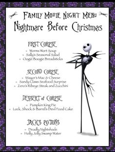 a menu for a family movie night with the characters from the animated film jack and sally