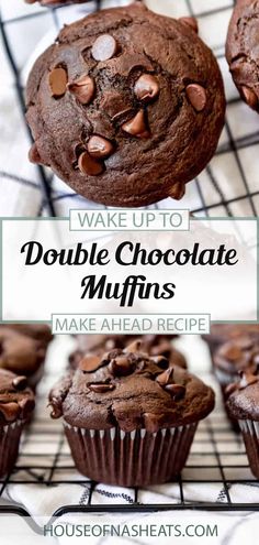 double chocolate muffins on a cooling rack with text overlay