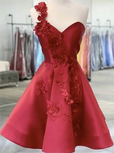 One Shoulder Satin Short Backless Homecoming Dresses One Shoulder Homecoming Dress, School Event Dress, Formal Dresses Graduation, Floral Prom Dresses, One Shoulder Cocktail Dress, Red Homecoming Dresses, Satin Short