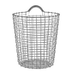 a metal wire basket with handle on white background