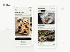 two iphone screens showing different food items on the same screen, one with sushi and fries