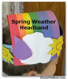 a child wearing a paper hat with the words spring weather headband