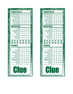 two green tickets with the words clue written on them and an image of a baseball scoreboard