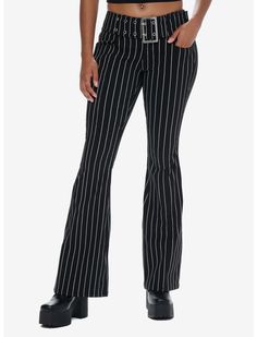 Cosmic Aura Pinstripe Low-Rise Flare Pants Cosmic Aura, Cutesy Outfit, Grommet Belt, Random Clothes, Clothes Board, Clothing Wishlist, Biker Pants, Tall Hoodies, Plus Size Swim