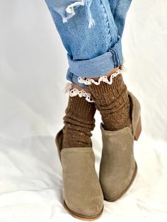 BOOTIE  tweed lace slouch  socks - brown Elevate your bootie and ankle boot game with our exquisite brown tweed lace slouch socks. These charming socks are the perfect pairing for any bootie or ankle boot. The fine brown knit adds a touch of elegance and complements a wide range of colors. sock is 8" from heel to toe 1/2" natural cotton lace acrylic blend sock one size fits most women 6-9 ** Signature socks by Catherine Cole Quality  socks for women  Women have been calling our  socks their signature look for many years Women's Fall Fashion, Slouch Socks, Ankle Socks Women, Brown Tweed, Hiking Women, Signature Look, Casual Socks, Autumn Fashion Women, Socks And Hosiery