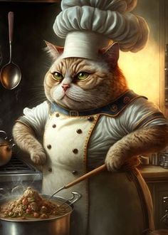 a cat wearing a chef's hat and holding a pot with food in it