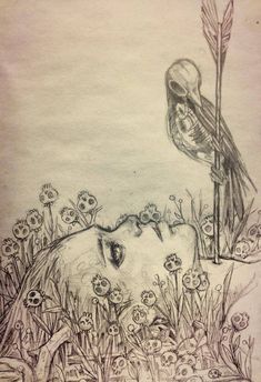 a drawing of a dead bird in the grass with a skull on it's head