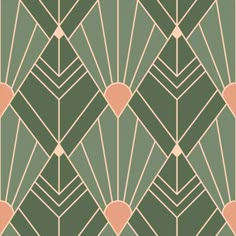 an art deco style wallpaper with geometric shapes and lines in shades of green, pink and gold