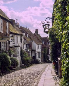 a cobblestone street lined with old houses and ivy covered trees on either side