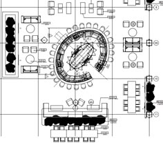 an architectural drawing of a dining room with tables and chairs, as well as the floor plan