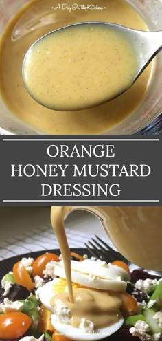 orange honey mustard dressing being drizzled over a salad