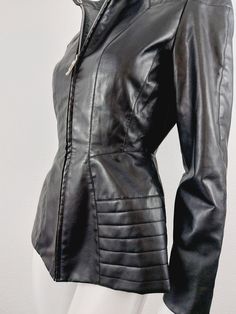 Thierry Mugler Couture Faux Leather PVC Curved Runway Wasp Waist Motorcycle 90s Black Vintage Black Blazer Jacket Veste  Rare curved faux leather jacket by Thierry Mugler! Excellent condition, no flaws. Marked 38, fits XS/S. Shoulder to Shoulder: 42 cm Ampit to Armpit: 44 cm Waist:36 cm Length: 60 cm Sleeve Length: 60 cm Motorcycle 90s, Thierry Mugler Couture, Mugler Couture, 2025 Goal, Wasp Waist, Leather Crop Top, Thierry Mugler, The Matrix, Faux Leather Jacket