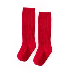 Our cable knit knee high stockings are our signature style of socks. Perfect for all seasons and styles- we are certain they'll fit into your little ones wardrobe. Machine wash cold with like colors. Tumble dry low or lay flat to dry. 76% cotton / 22% polyester / 2% spandex Imported. Red Knee High Socks, Cable Knit Tights, School Spirit Wear, Knee High Stockings, Knit Tights, Boys Bottoms, Boys Romper, High Knees, Boys Pajamas