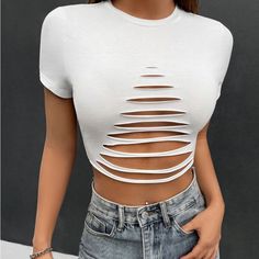 Sexy Cut Out Crop Top. Size 8/10 White Stretch Edgy Crop Top, Edgy White Stretch Crop Top, White Crop Top For Spring Clubbing, Stretch Hollow Out Crop Top For Spring, Spring Hollow Out Stretch Crop Top, Spring Crop Top With Hollow Out Design, Casual Summer Hollow-out Crop Top, White Casual Crop Top For Club, Trendy Fitted Crop Top With Hollow Out Details