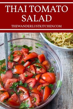 a glass bowl filled with tomato salad next to a plate of pasta and a fork