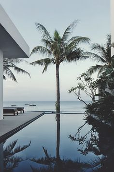 an empty swimming pool with palm trees and the ocean in the backgrounnd