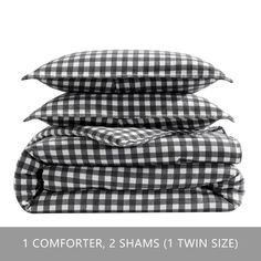 four pillows stacked on top of each other with the text comforter 2 shams 1 twin size