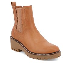 Lug sole love. These on-trend Chelsea boots work a sleek round-toe design and a scalloped-edge detail. From MIA Shoes. Chelsea Boots Work, Lug Sole Chelsea Boots, Mia Shoes, Toe Designs, Lug Sole, Scalloped Edge, Work Boots, Wedge Heels, Chelsea Boots